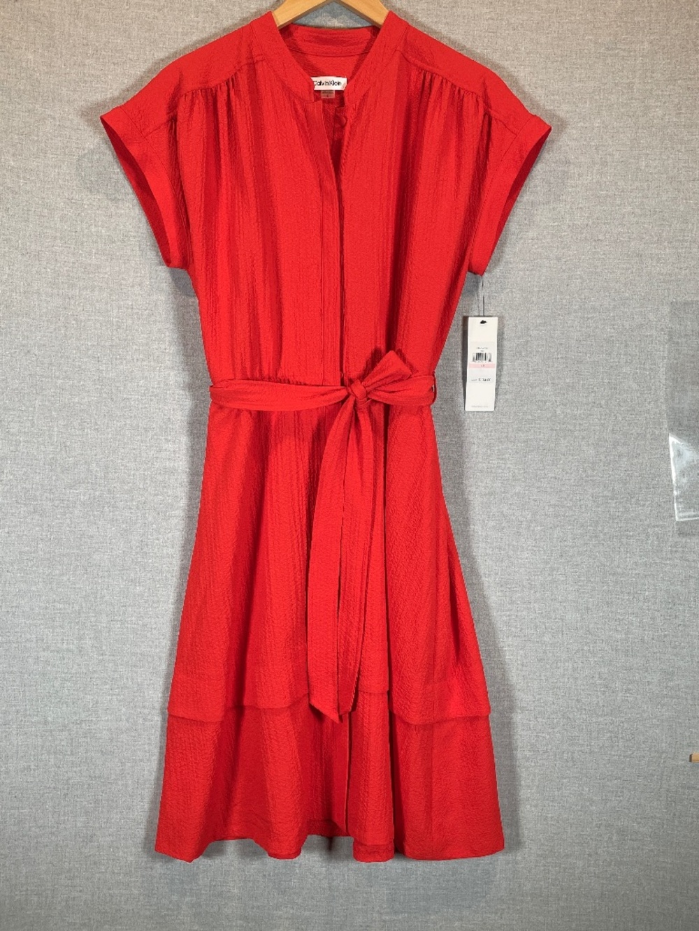 Calvin Klein Red Tiered Midi Shirt Dress NWT Sz 10 Tie Waist Textured